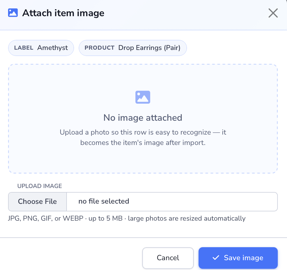 Loupe Factory Attach item image modal for one import row, showing the label and product chips, the upload area, the accepted file formats, and the Save image button.