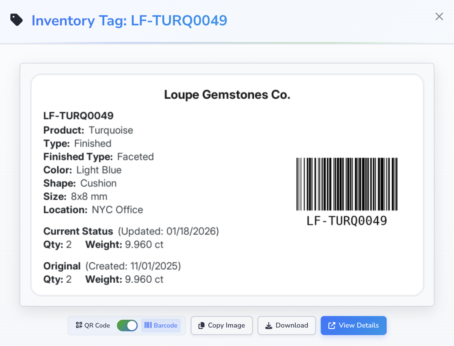 Loupe Factory barcode inventory tag showing the item details, current status, original values, and barcode for scanning the inventory tag ID.