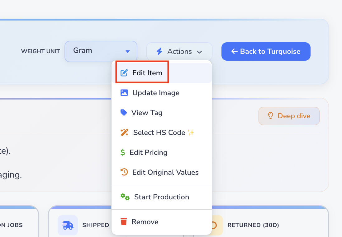 Loupe Factory inventory item details page showing the Actions menu with the Edit Item option.