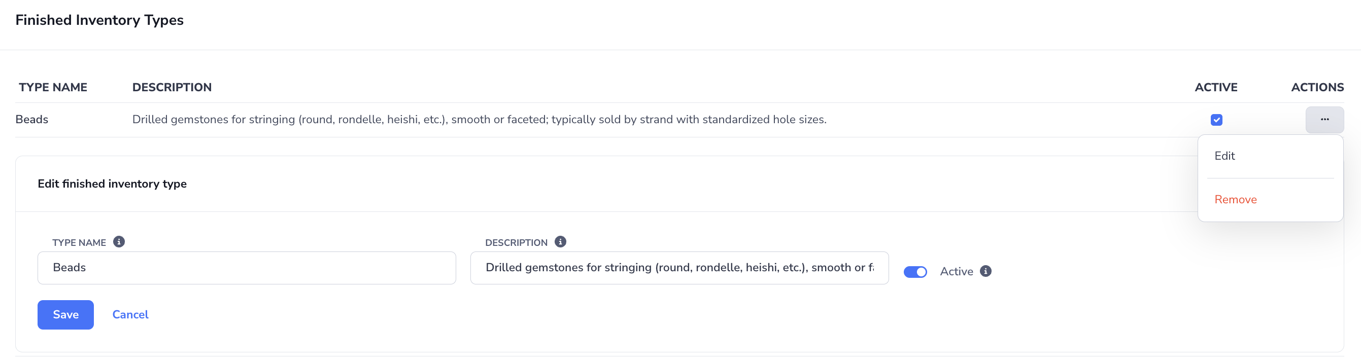 Loupe Factory Inventory Settings page showing how to edit an existing finished inventory type from the Finished Inventory Types section.