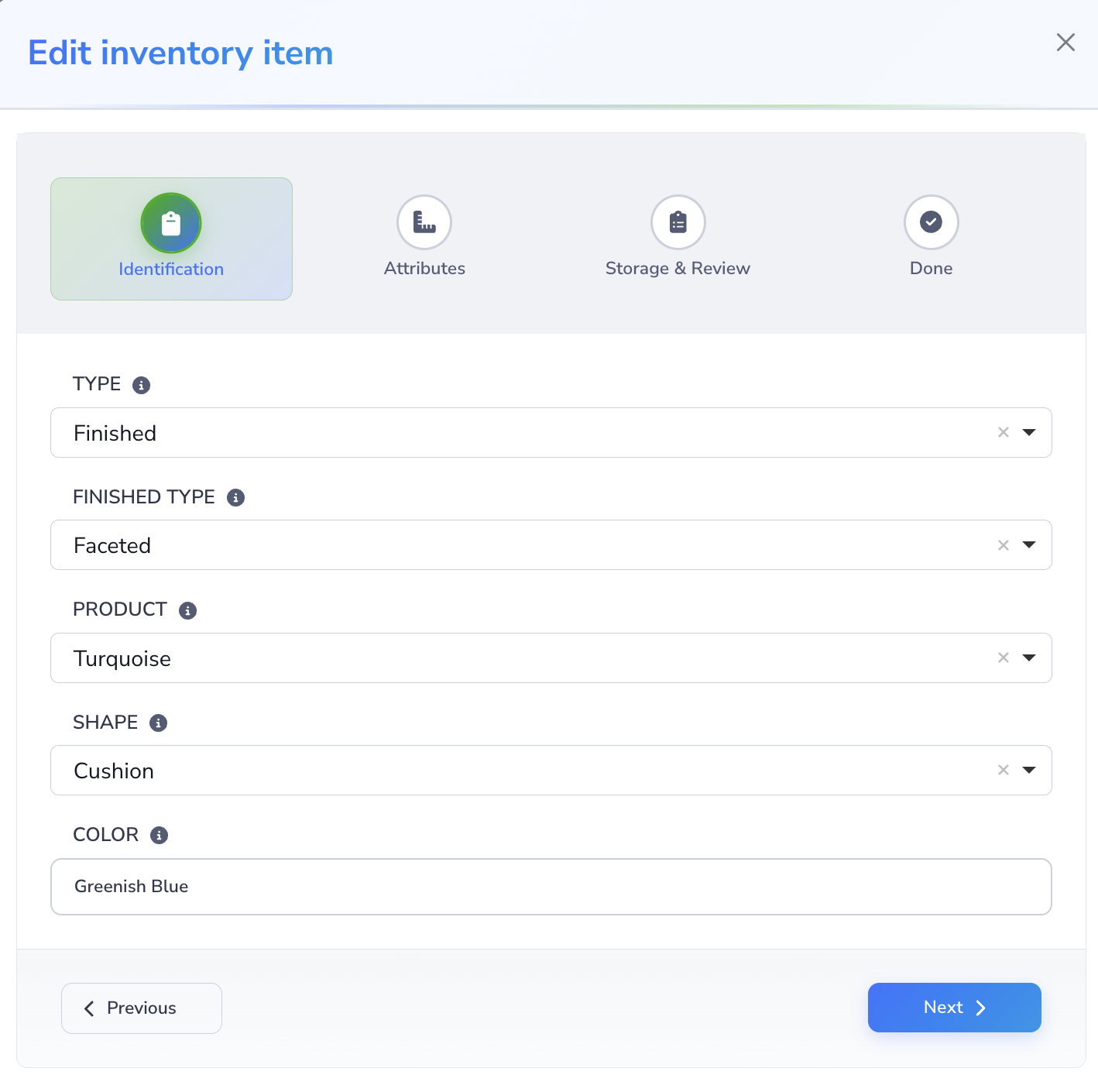 Loupe Factory edit inventory item wizard showing the editable Identification, Attributes, and Storage and Review steps.