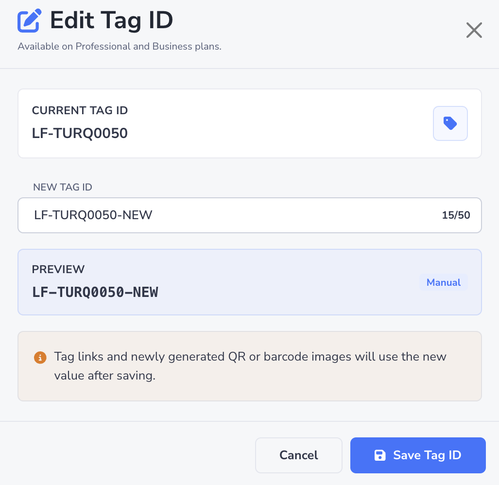 Loupe Factory Edit TAG ID modal showing the current tag ID and the new tag ID field for an inventory item.