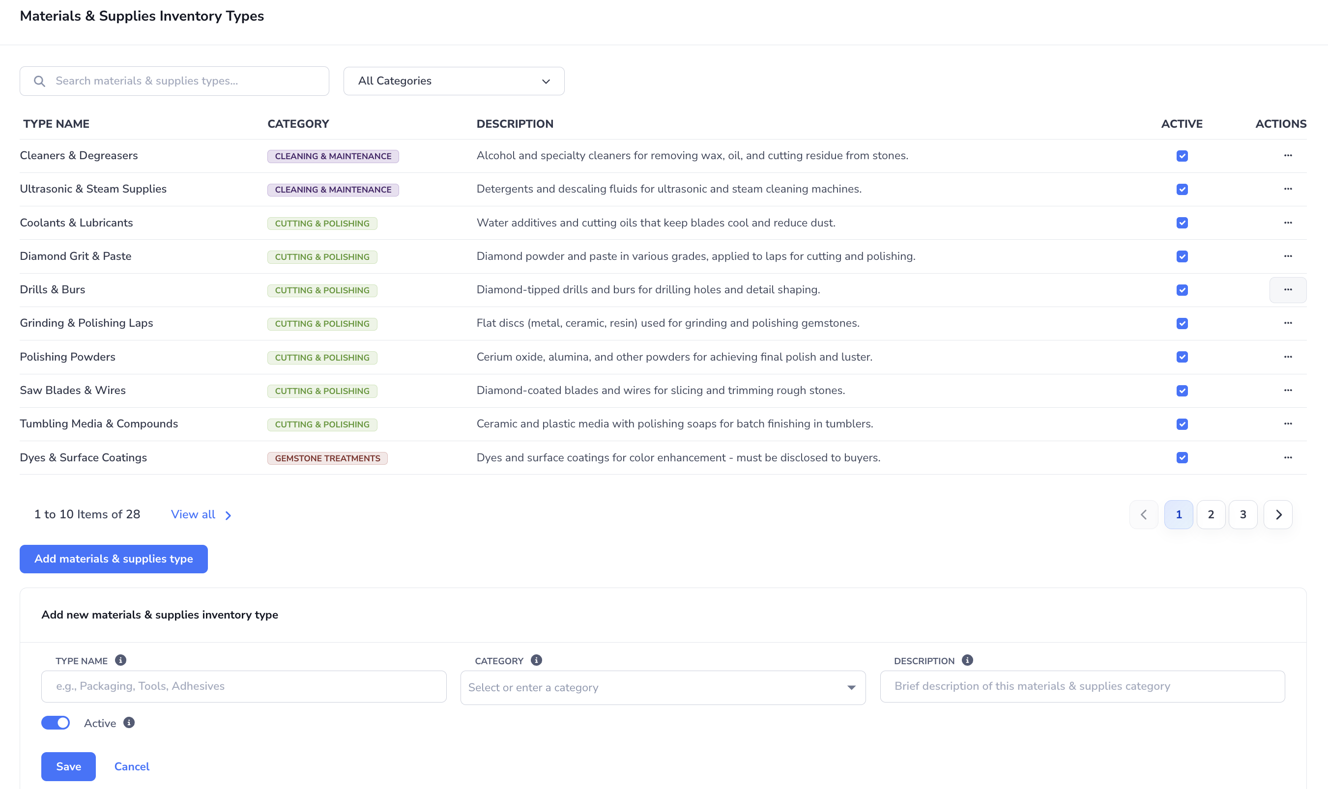 Loupe Factory Inventory Settings page showing how to edit an existing materials and supplies inventory type, including type name, category, description, and active status.