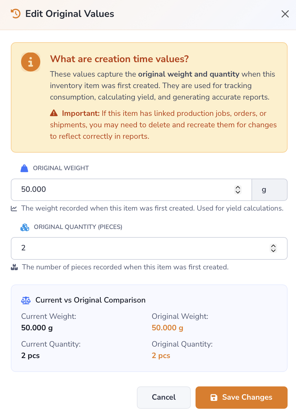Loupe Factory inventory item details page showing the Edit Original Values action for correcting original weight and quantity.