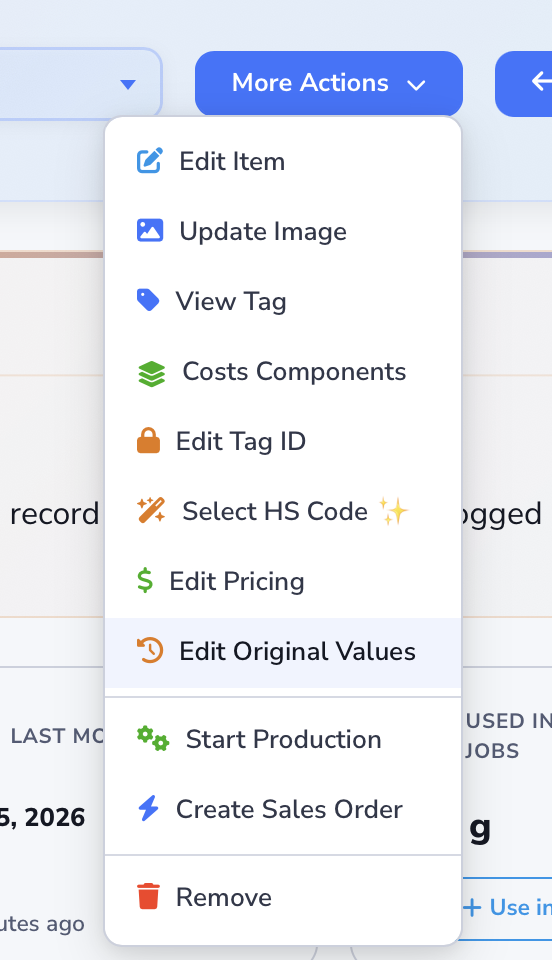 Loupe Factory inventory item details page with the More Actions menu open and the Edit Original Values option highlighted.