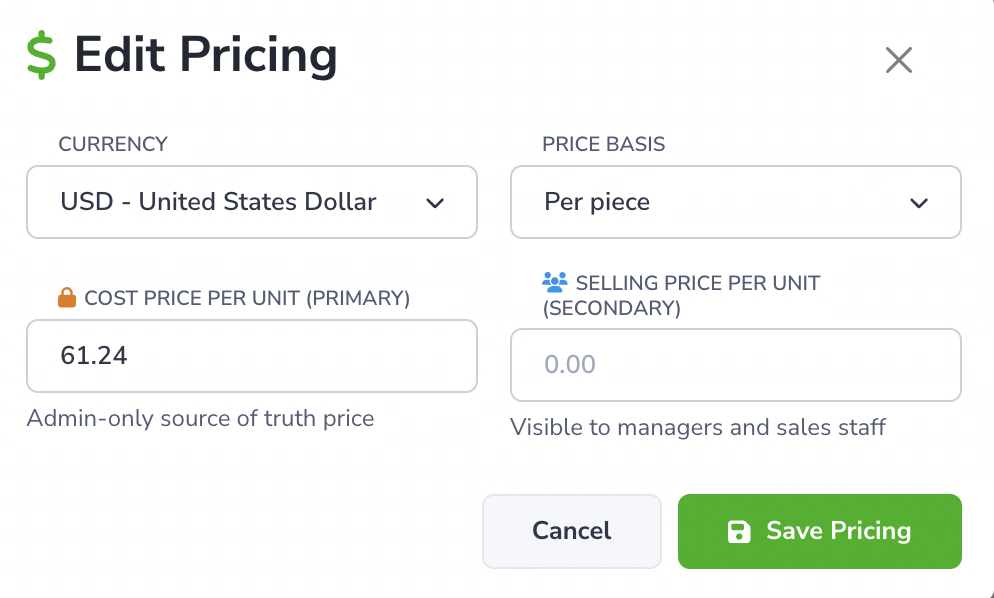 Loupe Factory Edit Pricing modal showing selected order line items, currency, unit selling price, price basis, and selected inventory pricing details.