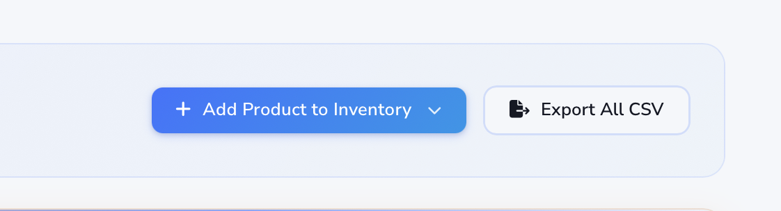 Loupe Factory All Products in Inventory page header showing the Add Product to Inventory button beside the Export All CSV button.