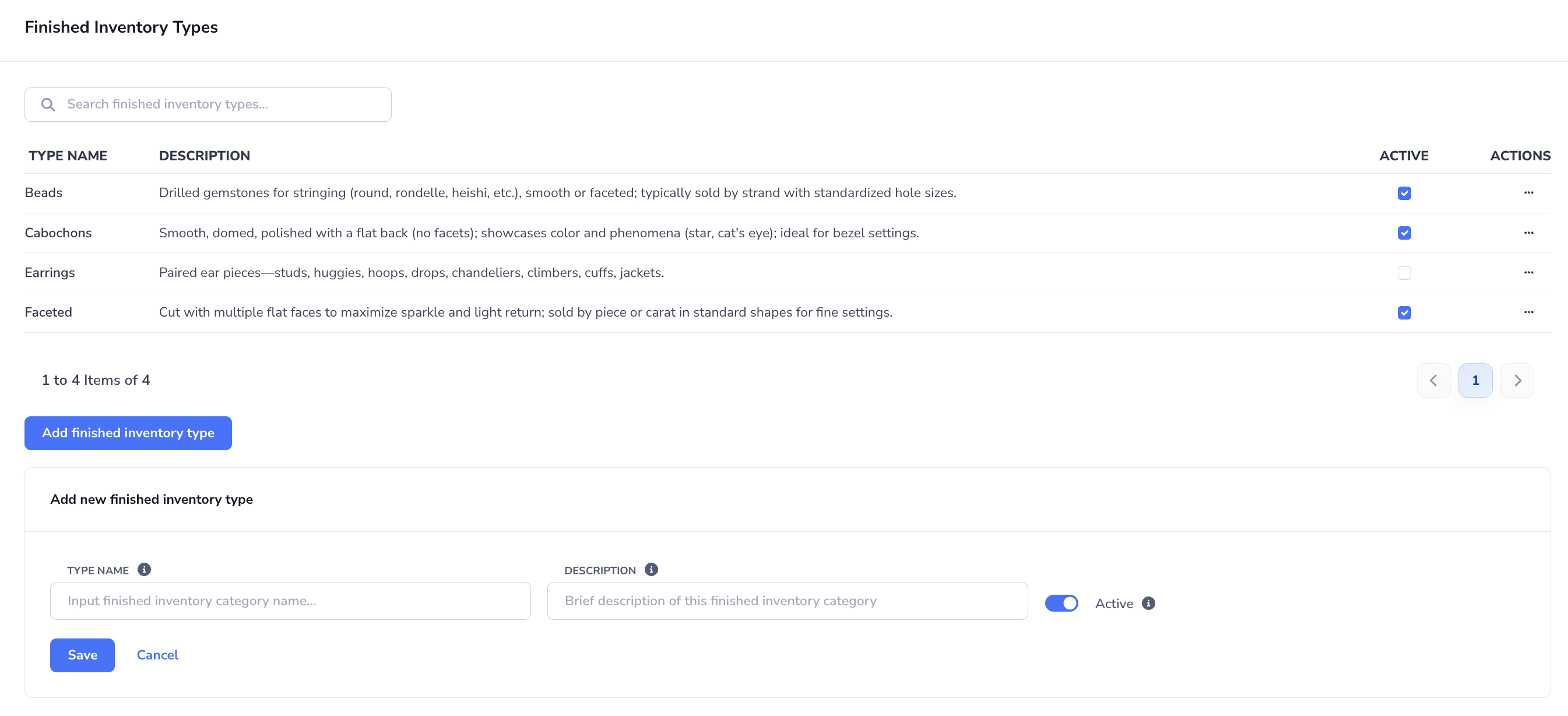Loupe Factory Inventory Settings page showing the Finished Inventory Types form with fields for type name, description, and active status.