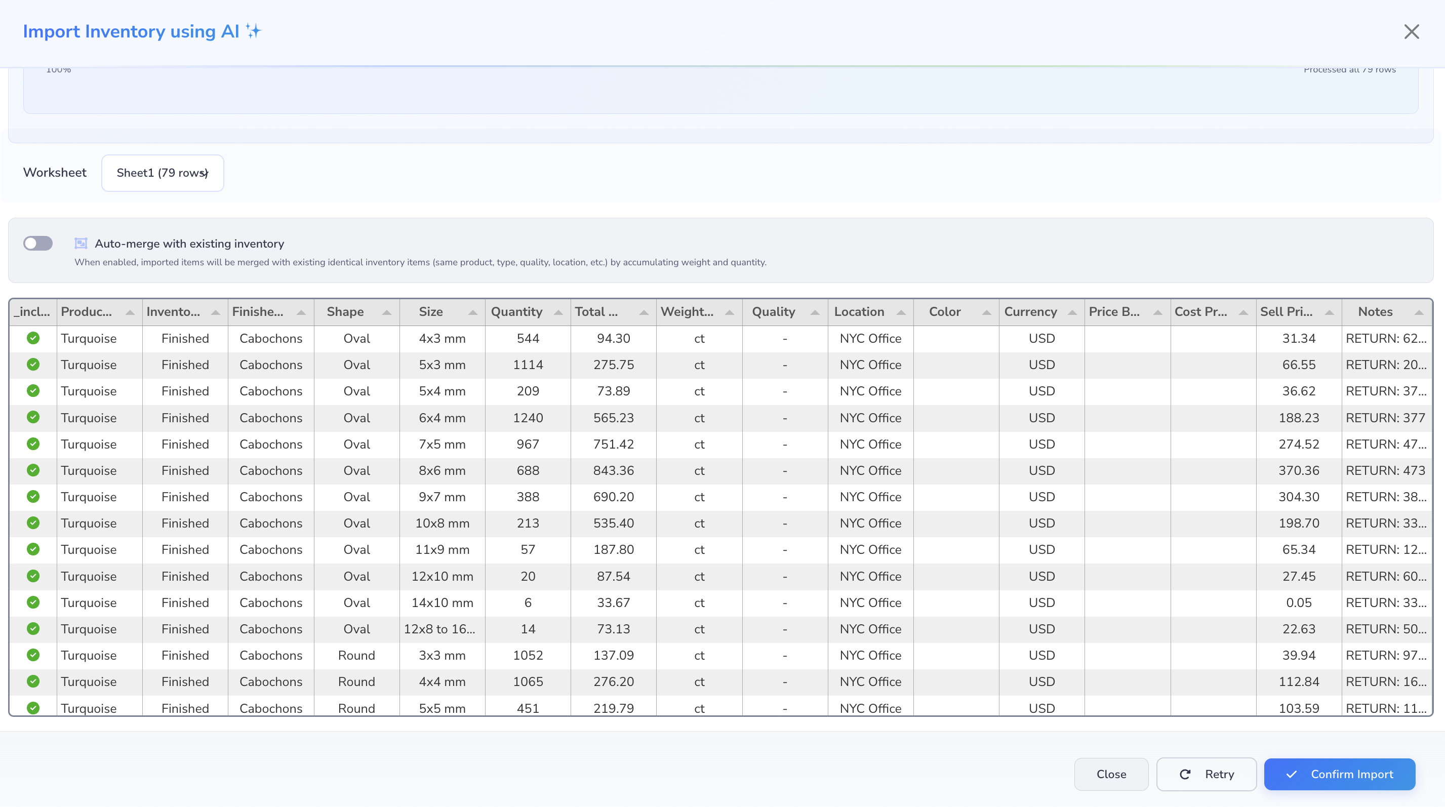 Loupe Factory AI import preview table showing parsed inventory rows, mapped columns, and editable cells before confirmation.