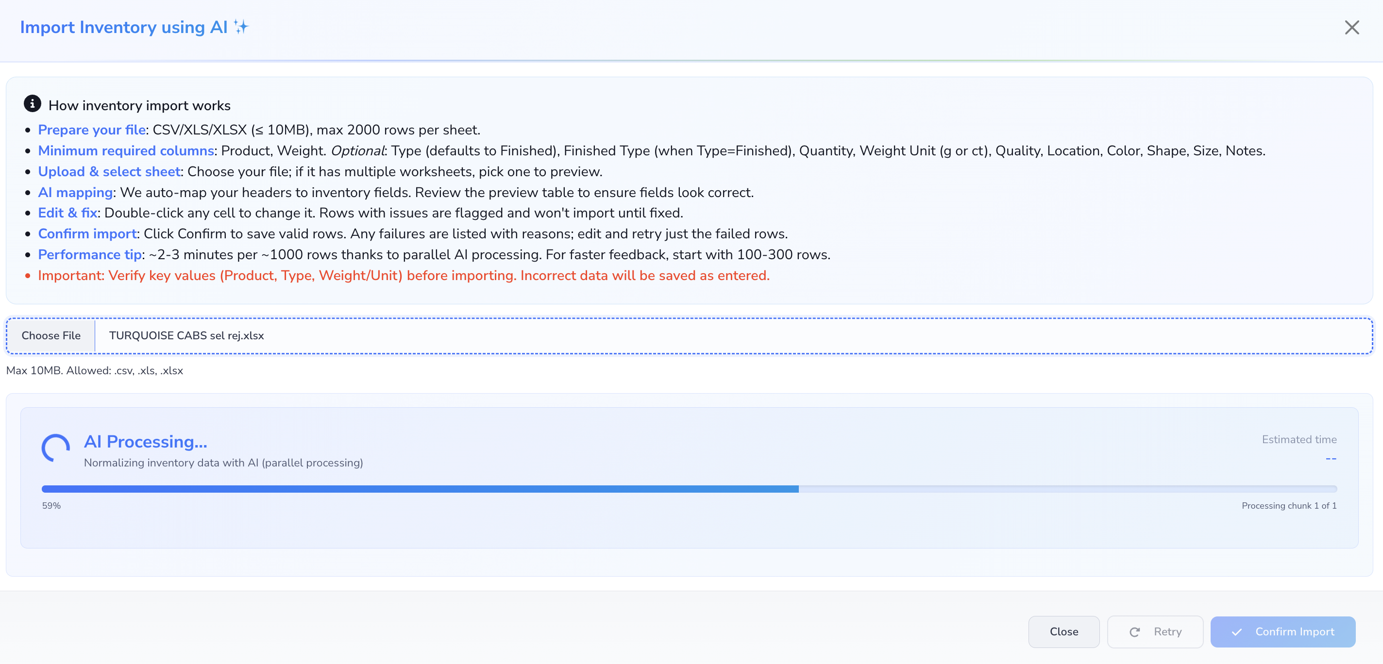 Loupe Factory Import using AI dialog showing the template download link, file upload area, and import setup options.
