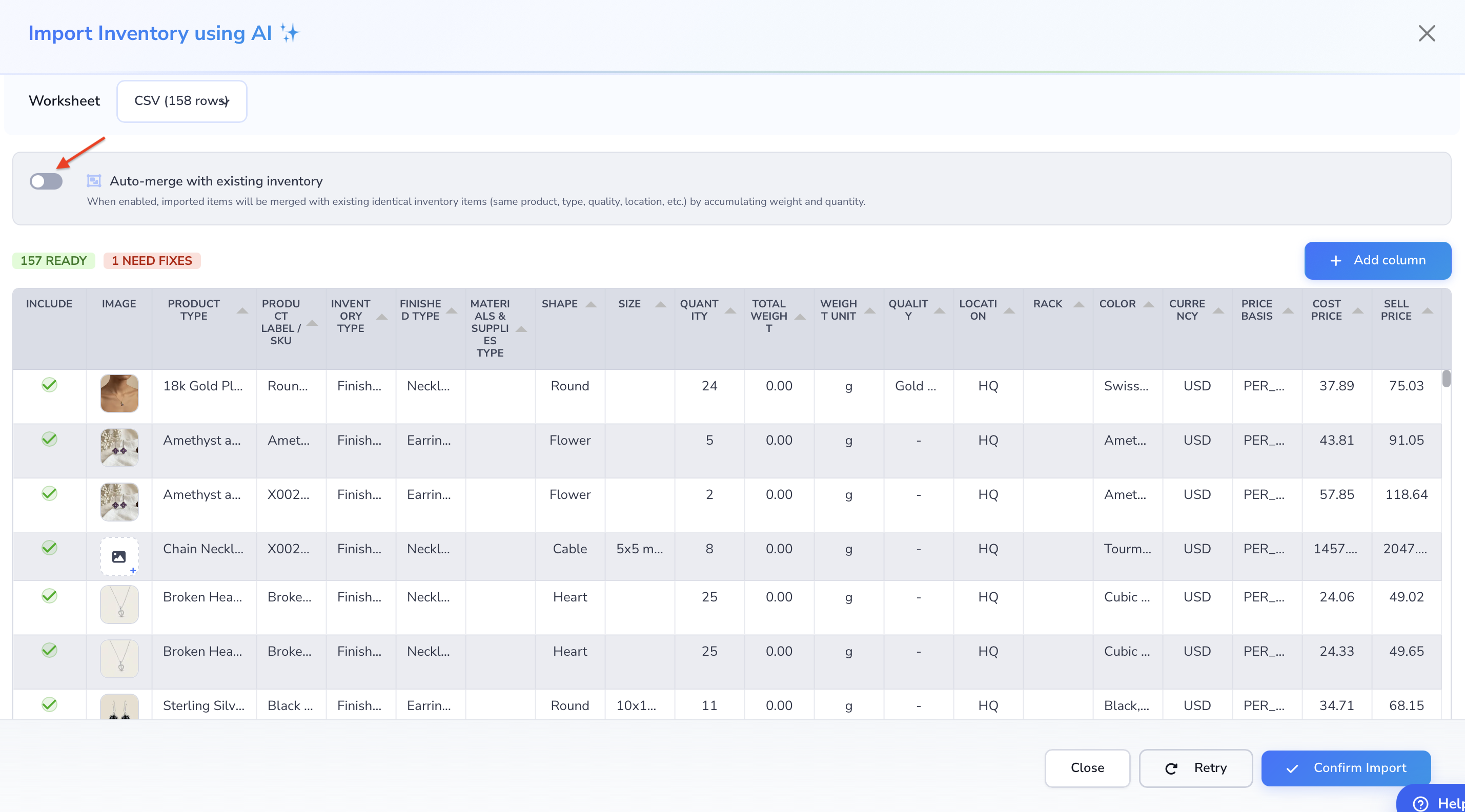 Loupe Factory Import Inventory using AI preview showing the Auto-merge with existing inventory toggle above the parsed rows, the ready and needs-fixes counts, and the Confirm Import button.
