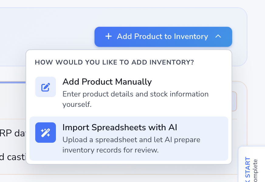 Loupe Factory Add Product to Inventory menu open, showing the Add Product Manually and Import Spreadsheets with AI options.