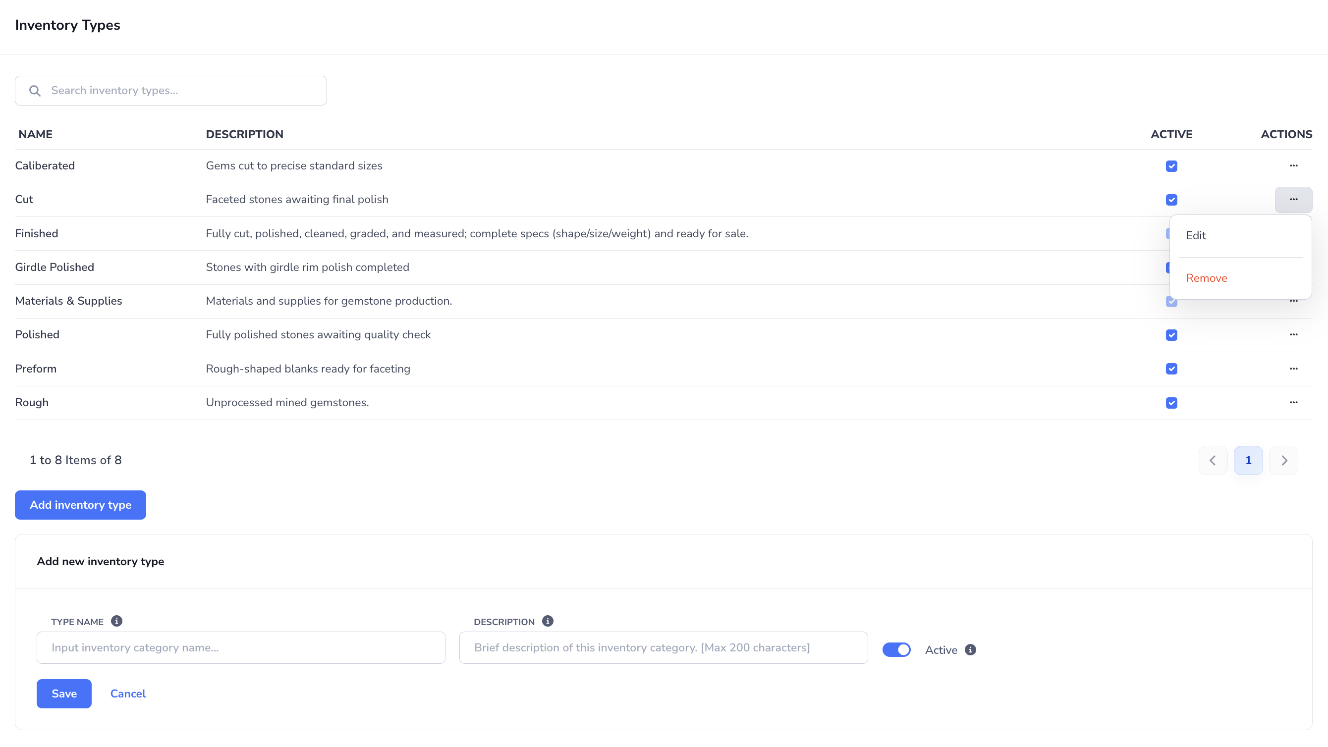 Loupe Factory Inventory Settings page showing the Inventory Types management form with type name, description, and active status controls.