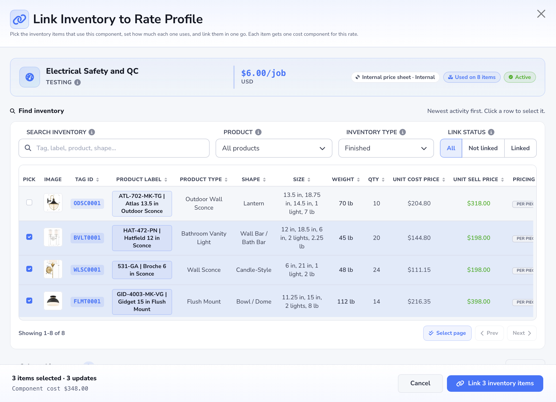 Link Inventory to Rate Profile window for Electrical Safety and QC, showing search and filters, three lighting items selected, and Link 3 inventory items.