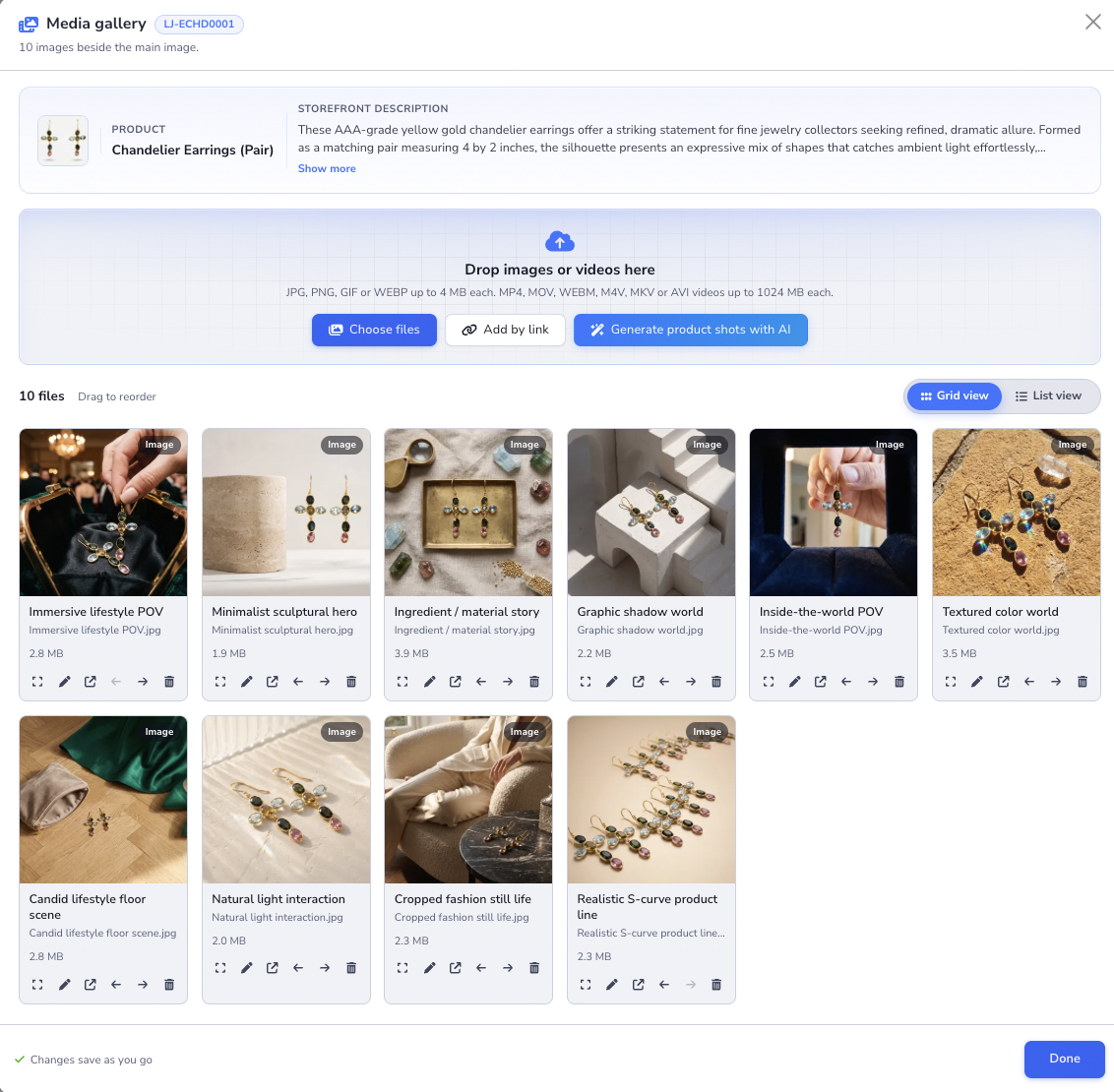 Loupe Factory Media Gallery modal showing the product header with the main image and storefront description, the upload area with Choose files, Add by link, and Generate product shots with AI, and ten product shots in Grid view with captions and reordering arrows.