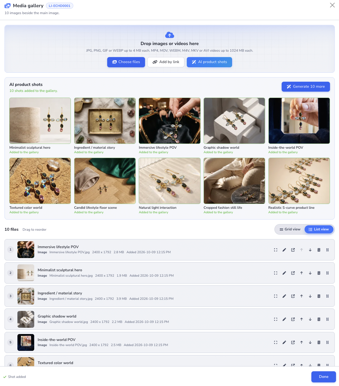 Loupe Factory Media Gallery after a finished run of product shots with AI, showing ten shots of a pair of earrings in different settings, each marked Added to the gallery, a Generate 10 more button, and the same shots in List view below.