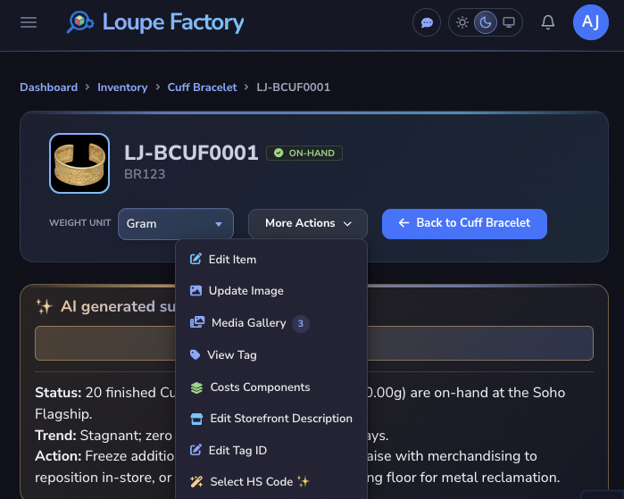Loupe Factory inventory item details page header with the More Actions menu open in dark mode, highlighting the Media Gallery option with its file count badge.