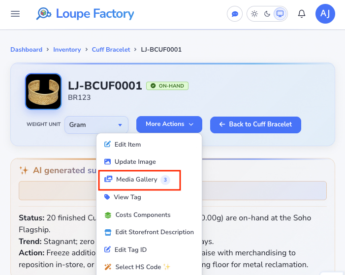 Loupe Factory inventory item details page header with the More Actions menu open in light mode, highlighting the Media Gallery option with its file count badge.