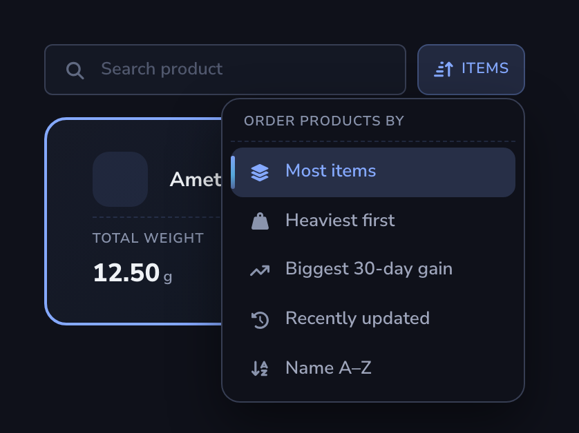 Dark mode product list with the ITEMS order menu open, showing Most items selected, then Heaviest first, Biggest 30-day gain, Recently updated, and Name A-Z.