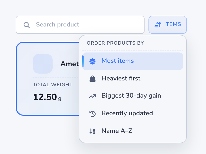 Light mode product list with the ITEMS order menu open, showing Most items selected, then Heaviest first, Biggest 30-day gain, Recently updated, and Name A-Z.