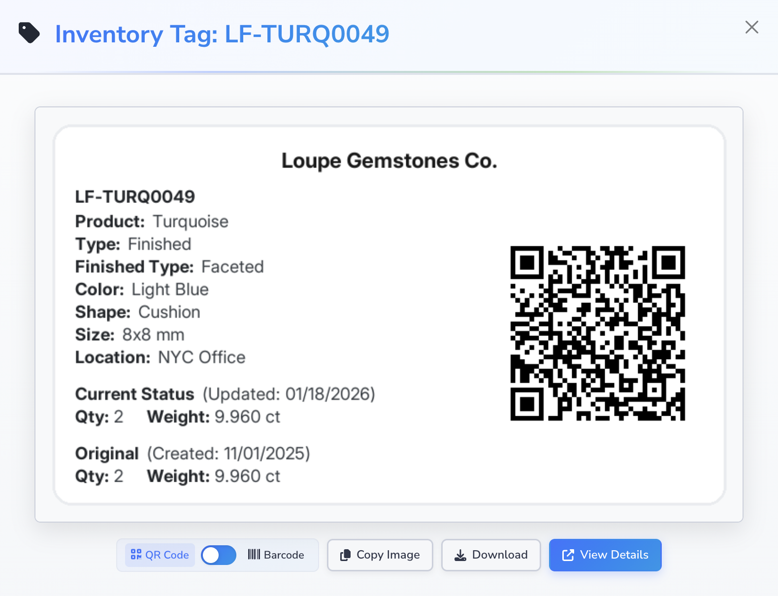Loupe Factory QR inventory tag showing the item details, current status, original values, and QR code for opening the inventory item record.