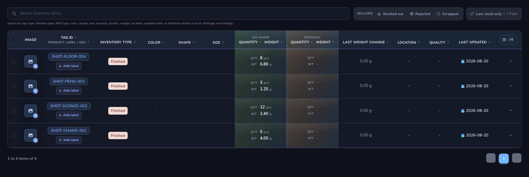 Dark mode inventory table with attribute columns hidden and the Show attributes button at the far right.
