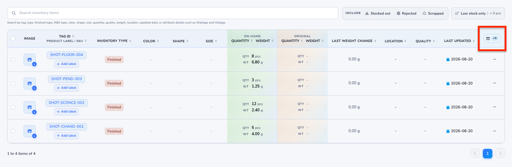 Light mode inventory table with attribute columns hidden and the Show attributes button highlighted.