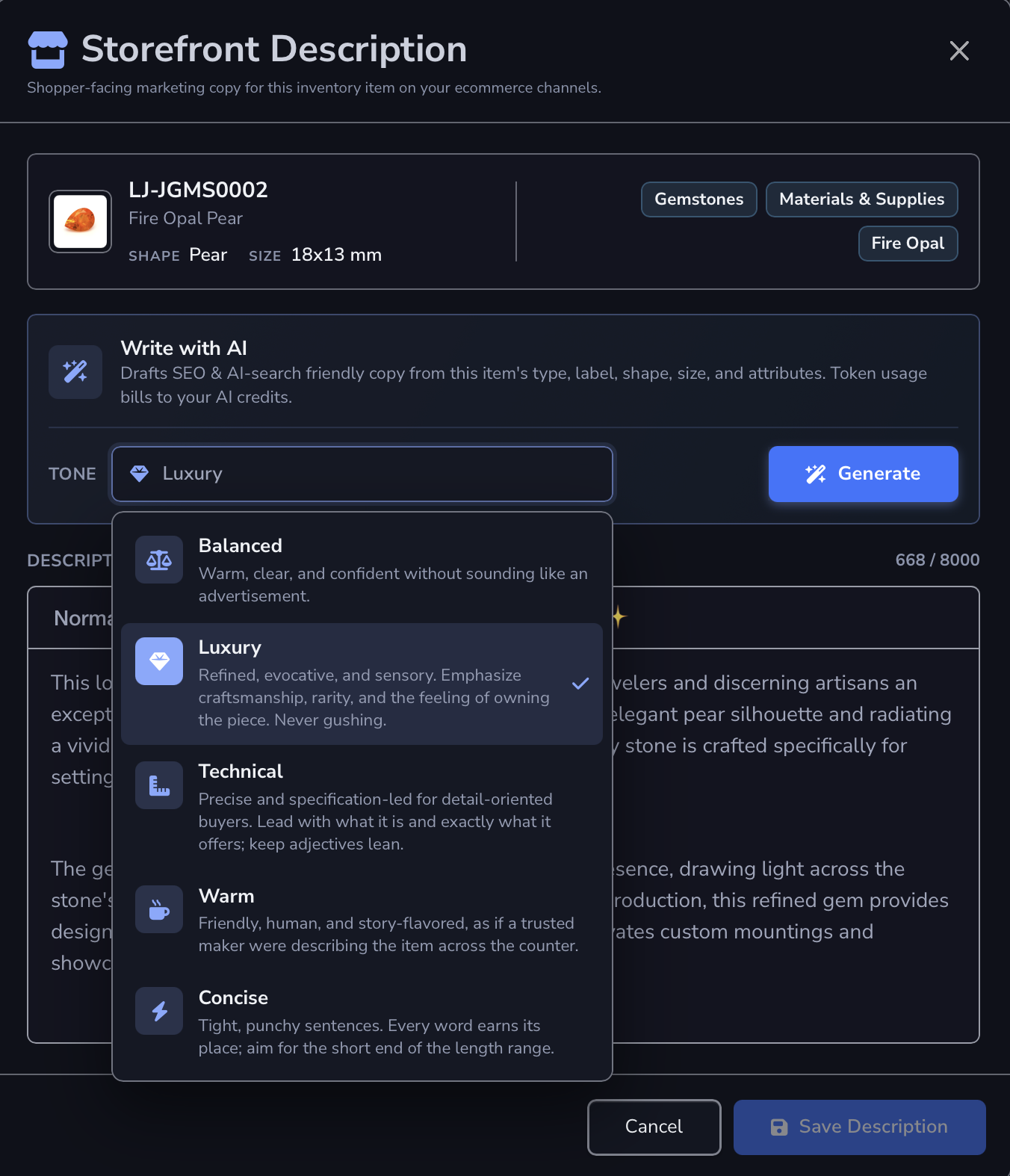 Dark mode Storefront Description window for a Fire Opal Pear inventory item, showing the item card, the Write with AI panel, the open tone list with Balanced, Luxury, Technical, Warm, and Concise, the description editor with its character counter, and the Save Description button.