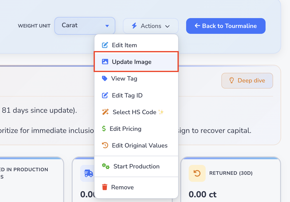 Loupe Factory inventory item details page showing the Actions menu with the Update Image option.