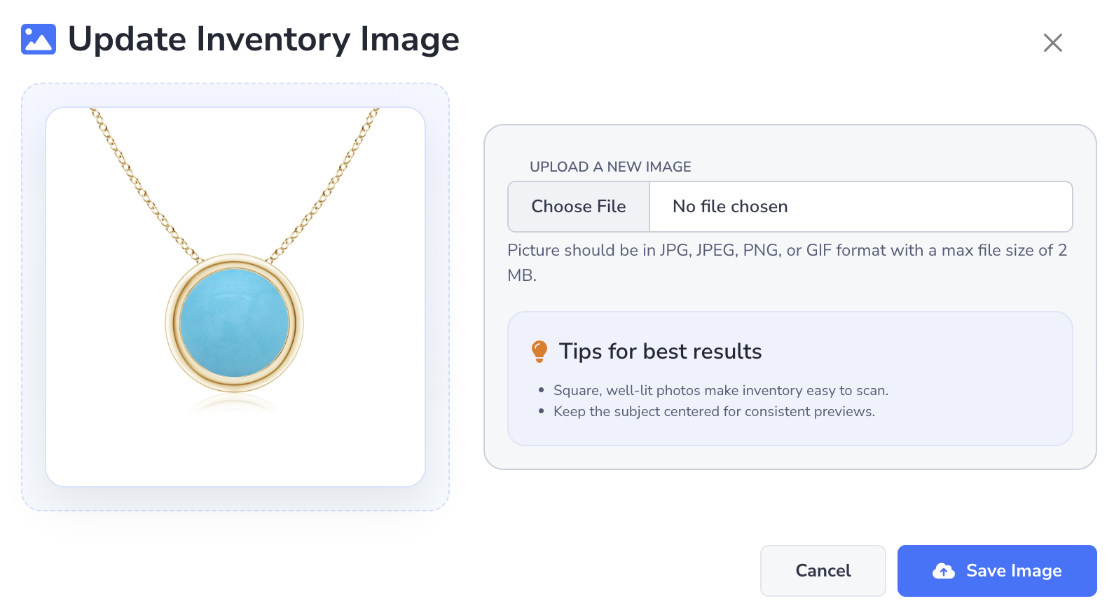 Loupe Factory update inventory item image modal showing the upload area, supported file formats, maximum file size, and Save button.
