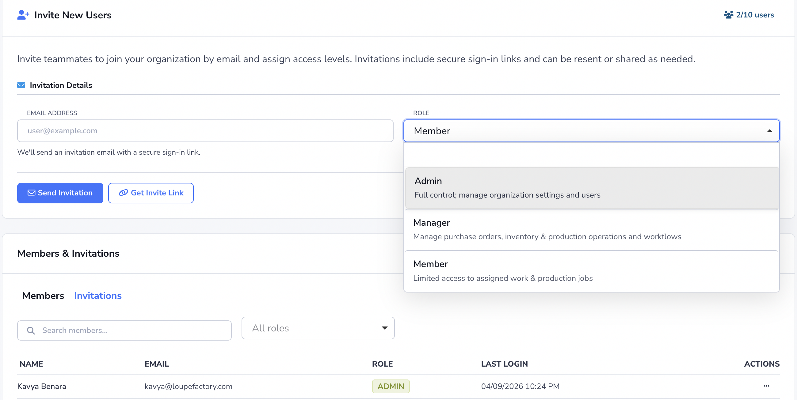 Loupe Factory team member invitation screen showing the email address field, role selector, and current members list.