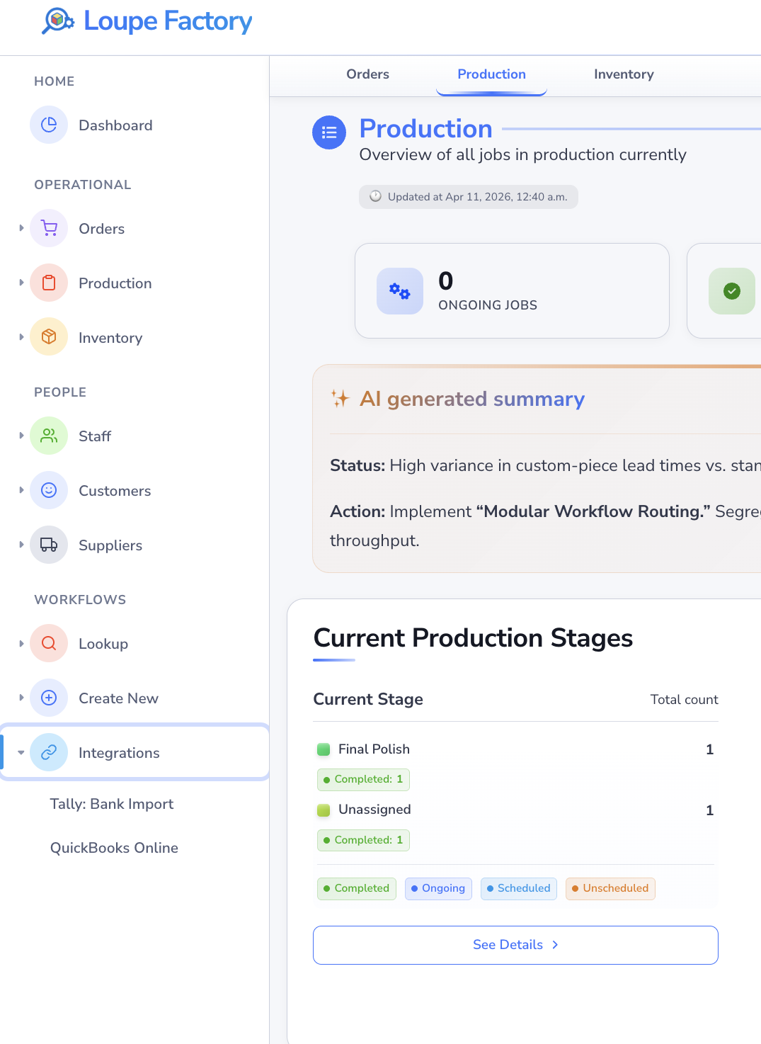 Loupe Factory left sidebar navigation showing the main platform module links.