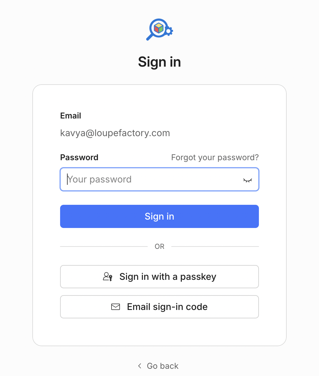 Loupe Factory login screen showing the email, password, passkey, and email sign-in code options.
