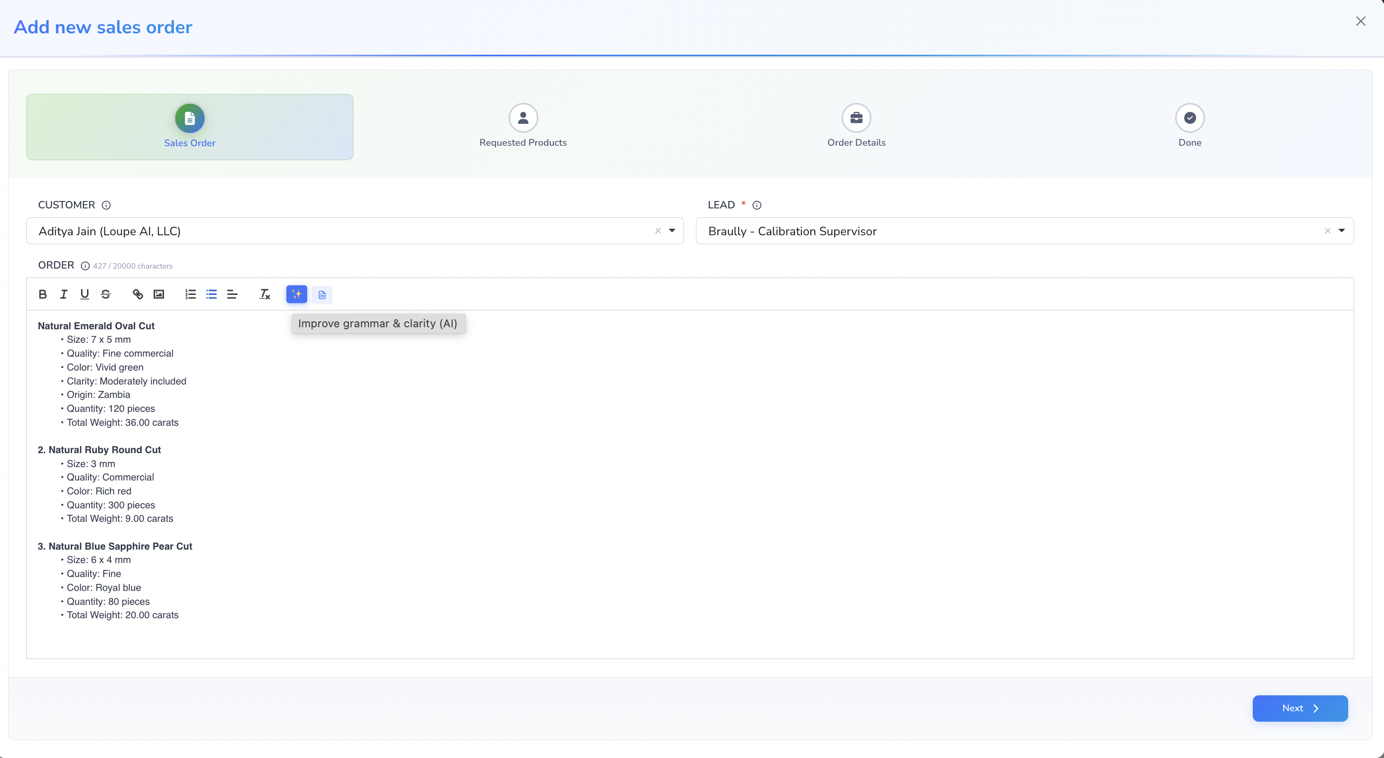 Loupe Factory sales order creation screen showing the customer, order lead, and notes entry step before AI prepares requested products.