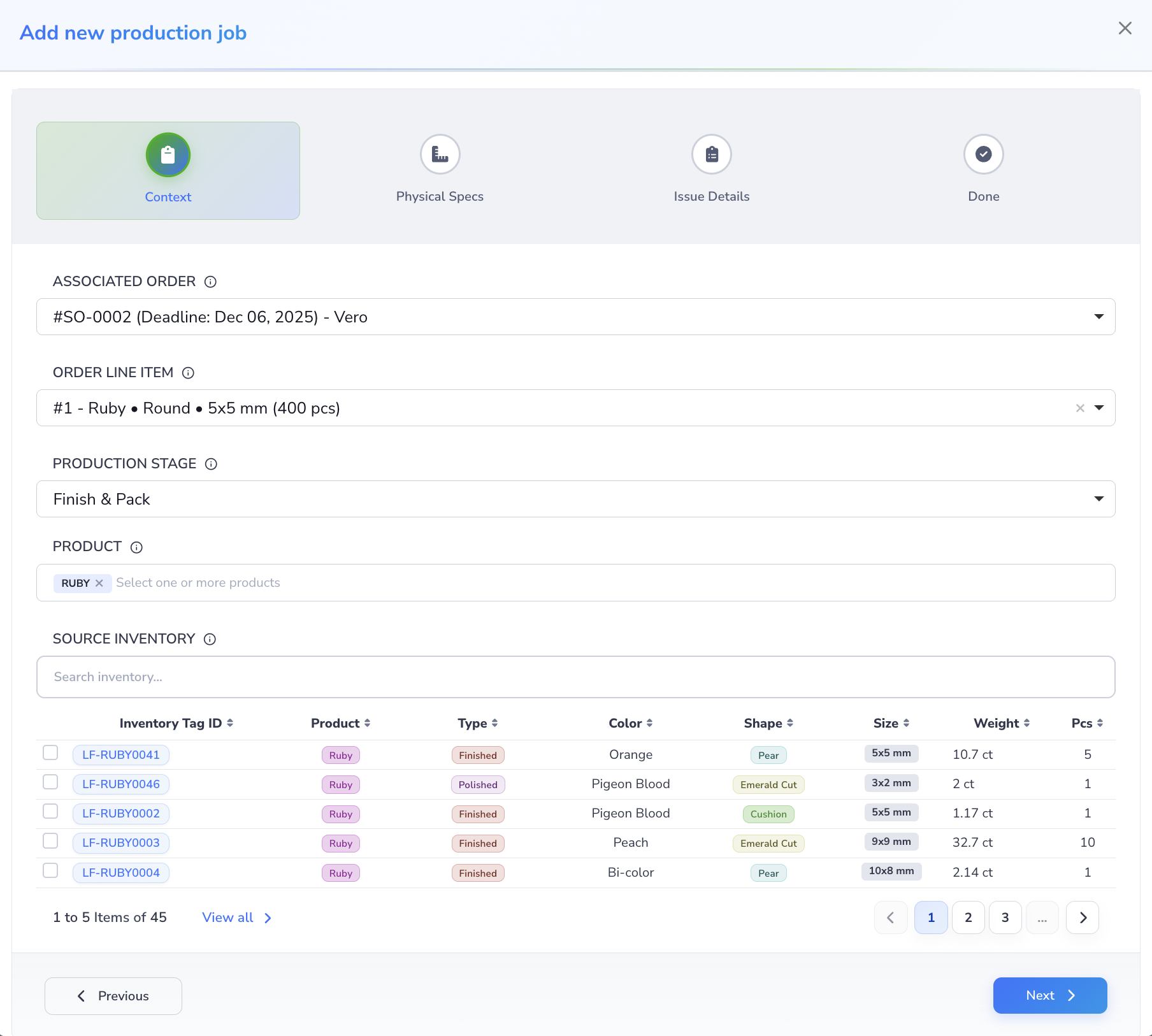 Loupe Factory Add new production job screen on the Context step, showing the associated order, order line item, production stage, selected product, source inventory search, and inventory selection table.
