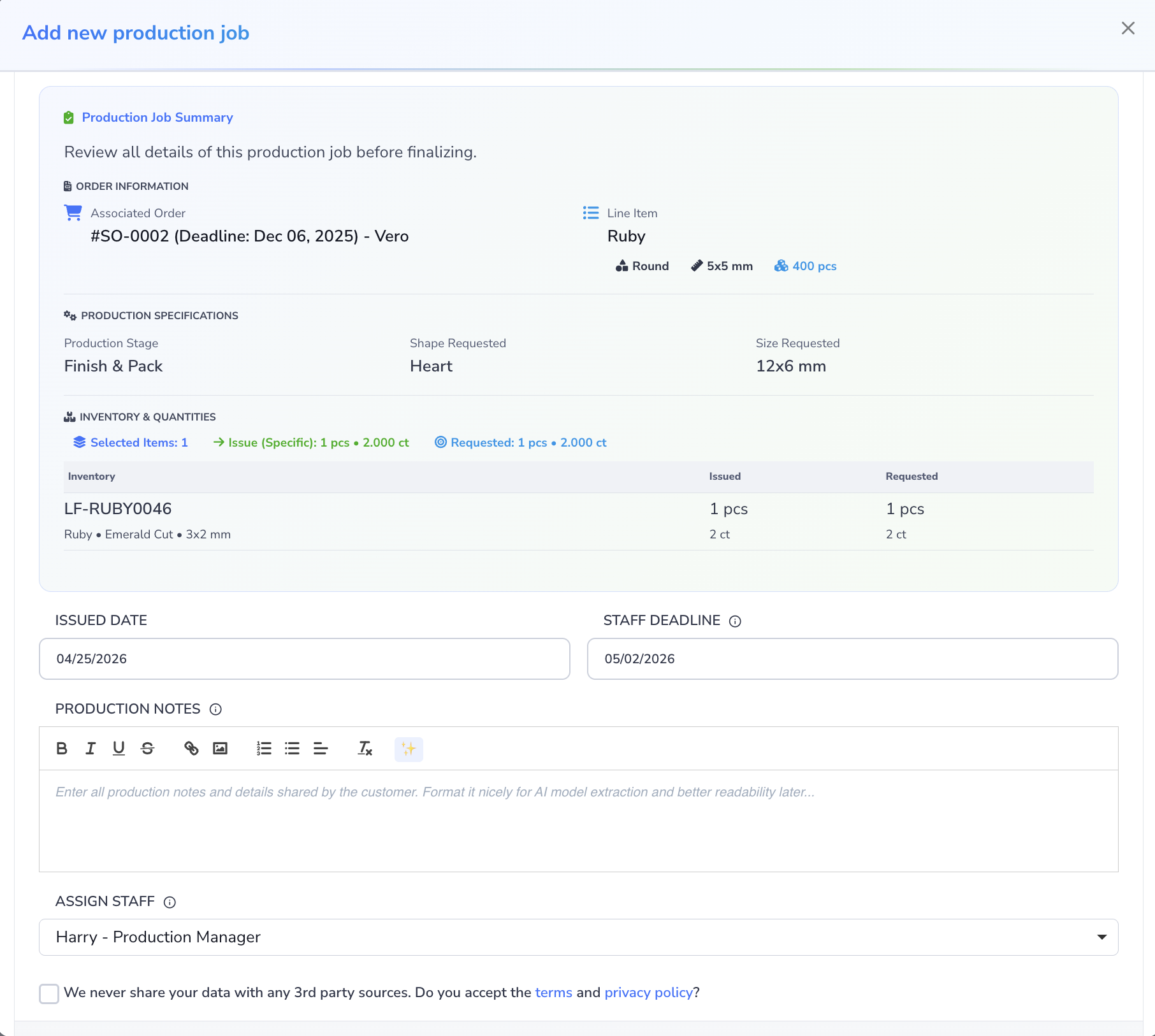 Loupe Factory Add new production job screen on the Issue Details step, showing the production job summary, issued date, staff deadline, notes field, staff assignment, and terms confirmation.
