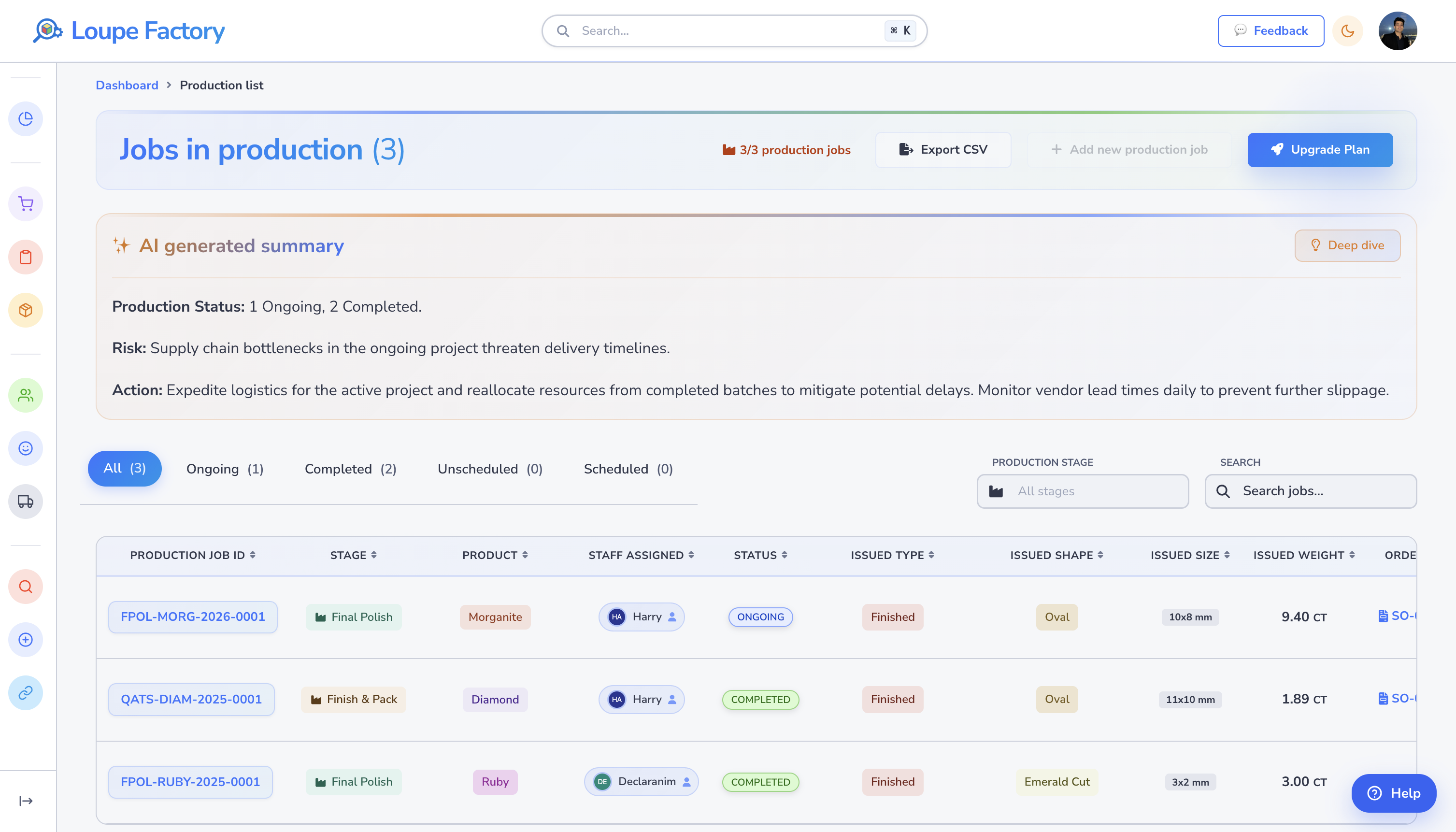 Loupe Factory Production List page showing the AI summary, job status tabs, stage filter, search field, and production jobs table.