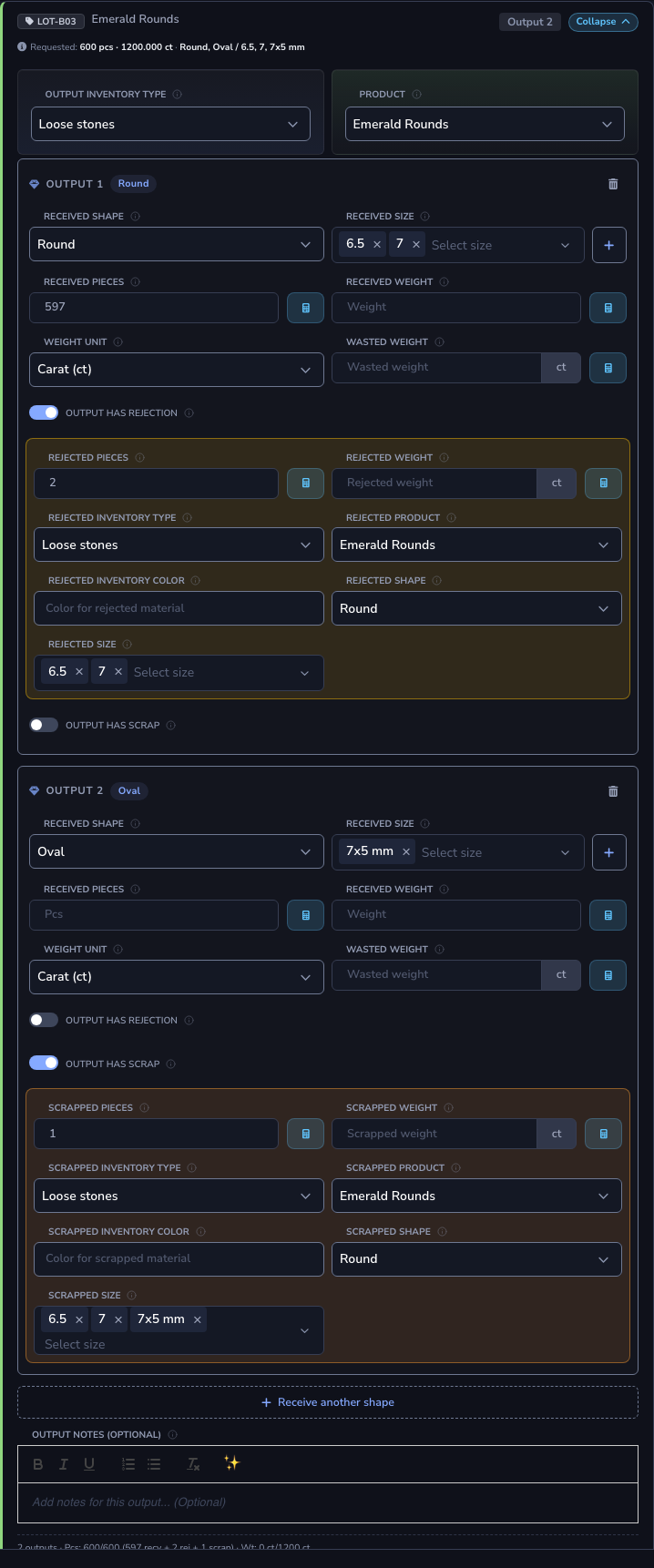 Dark mode receive form for LOT-B03 Emerald Rounds with Output 1 Round and Output 2 Oval, rejection and scrap toggles, and Receive another shape.