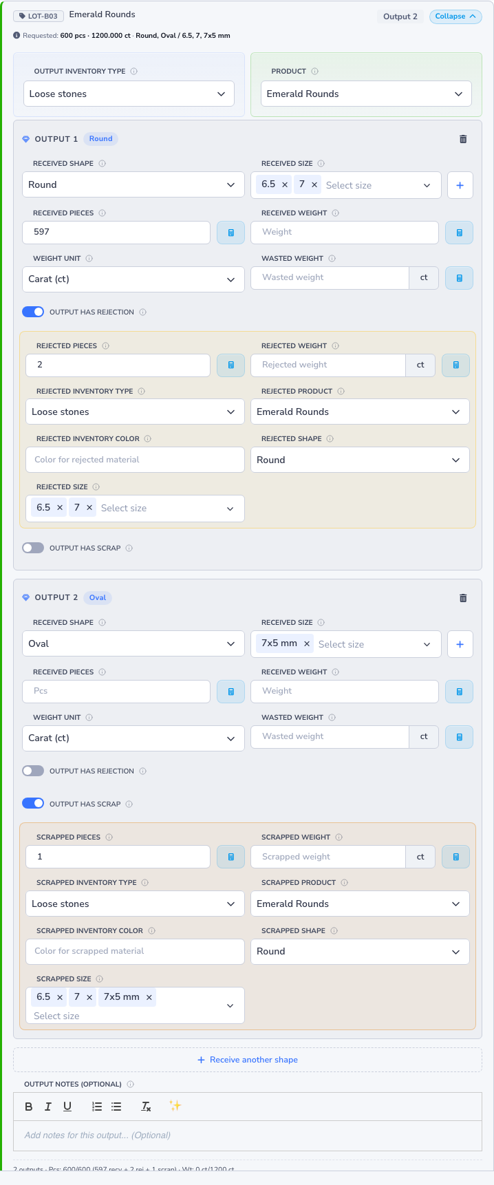 Light mode receive form for LOT-B03 Emerald Rounds with Output 1 Round and Output 2 Oval, rejection and scrap toggles, and Receive another shape.