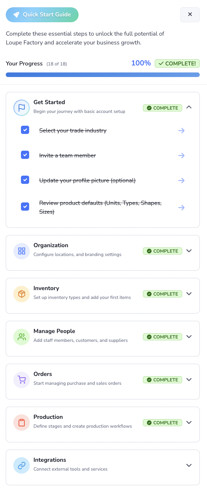 Loupe Factory Quick Start checklist showing the first-time setup tasks and progress on the dashboard.