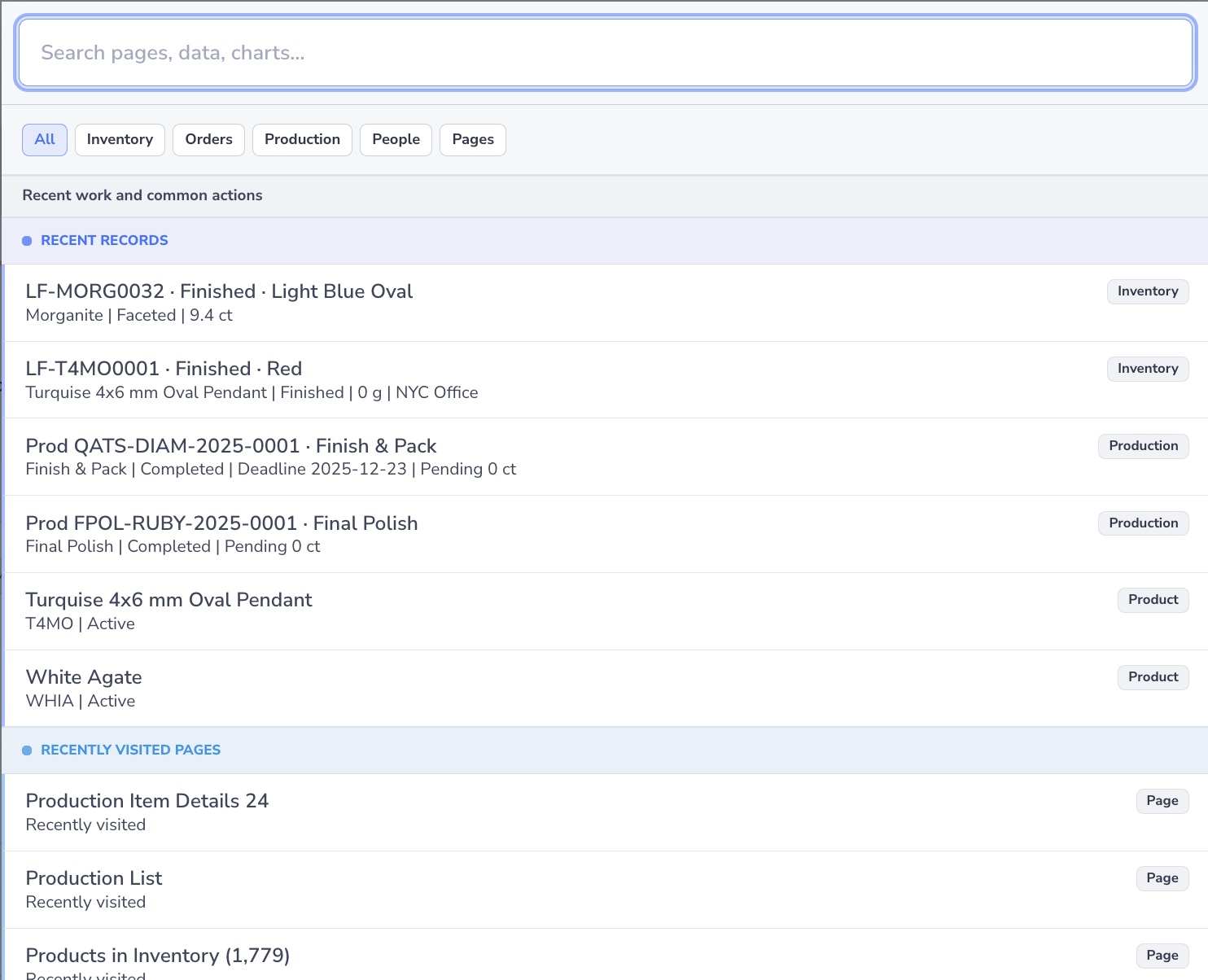 Loupe Factory universal search modal showing recent records, grouped results, and quick actions.
