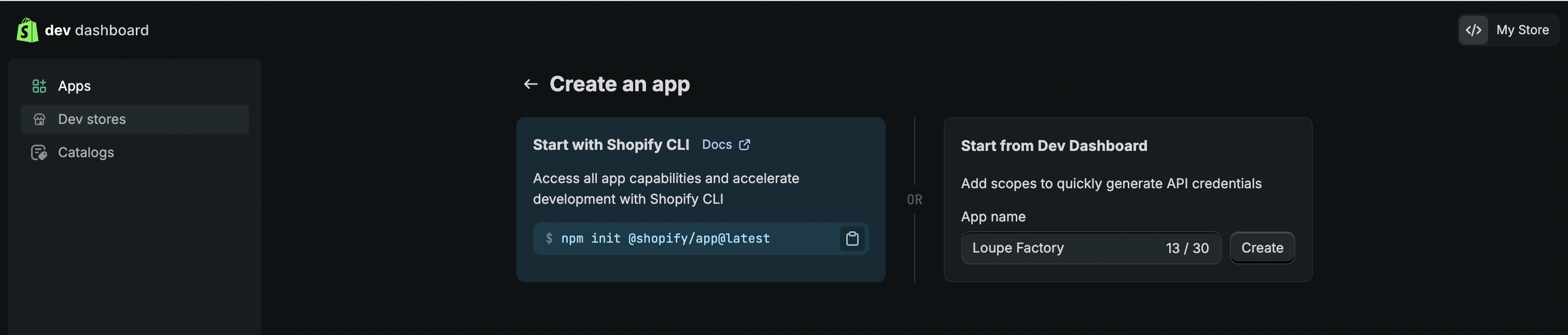 Shopify Create an app screen with Loupe Factory entered as the app name.