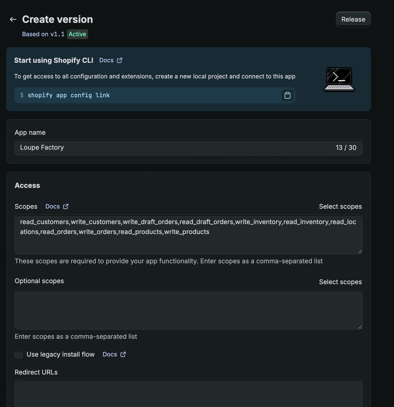 Shopify Create version page for the Loupe Factory app showing the selected Admin API scopes.