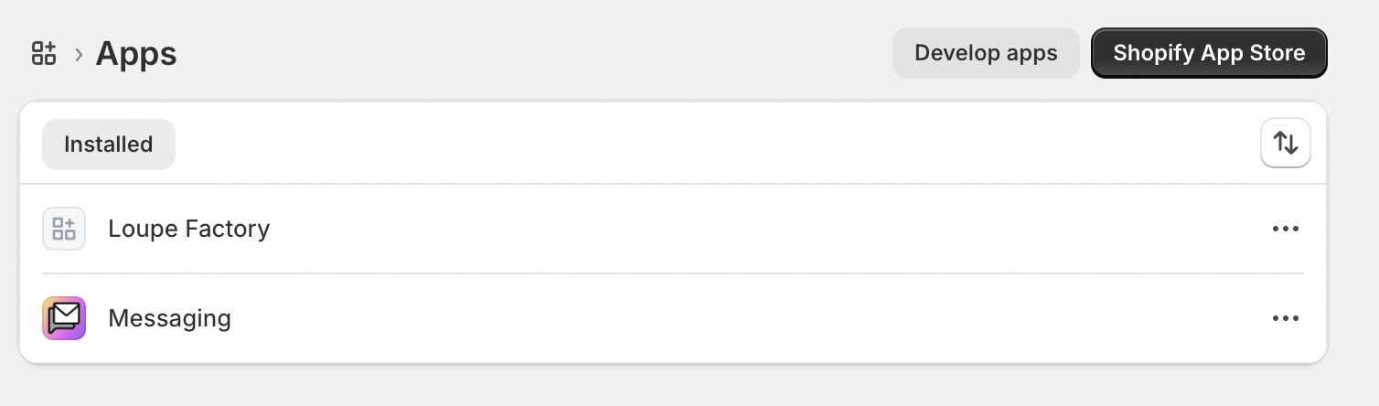 Shopify Apps page showing the Develop apps button in the top right.