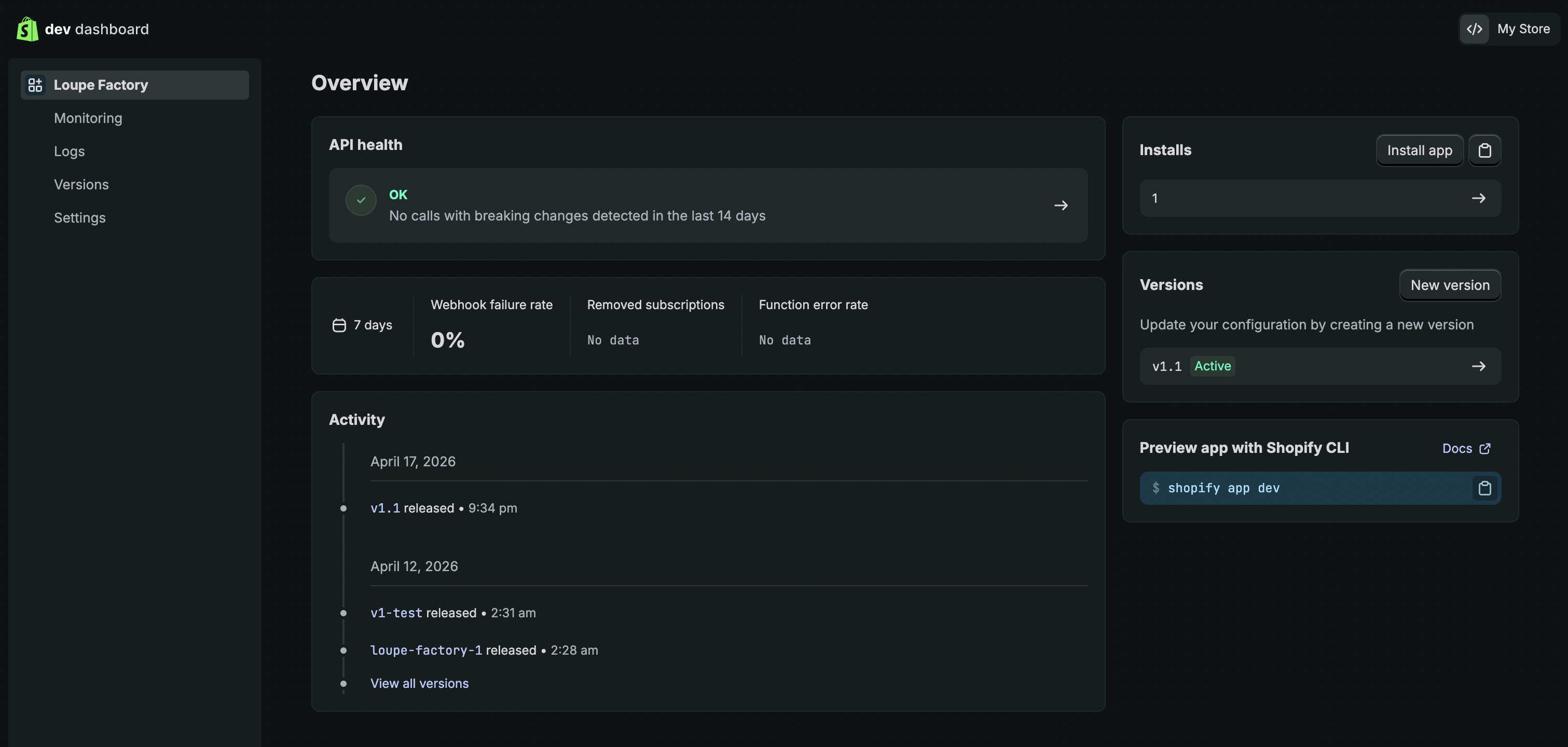 Shopify Dev Dashboard overview for the Loupe Factory app showing the Install app button.