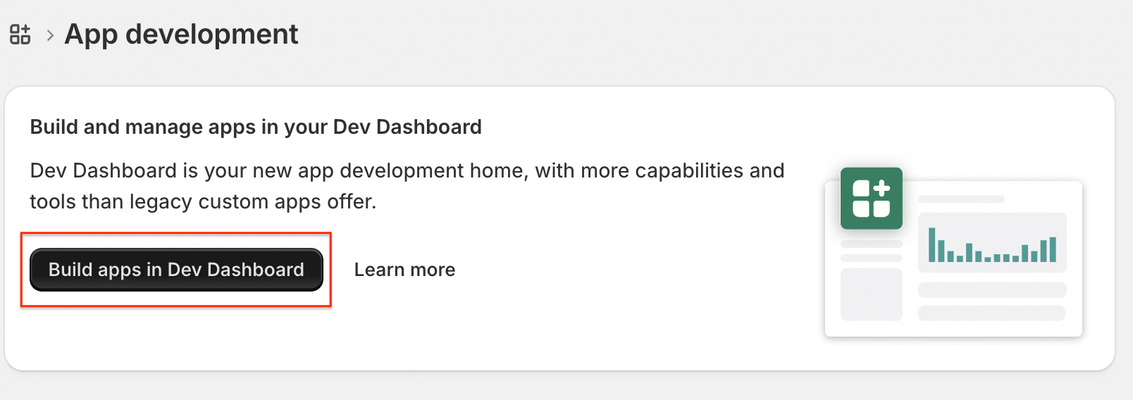 Shopify App development page with the Build apps in Dev Dashboard button highlighted.