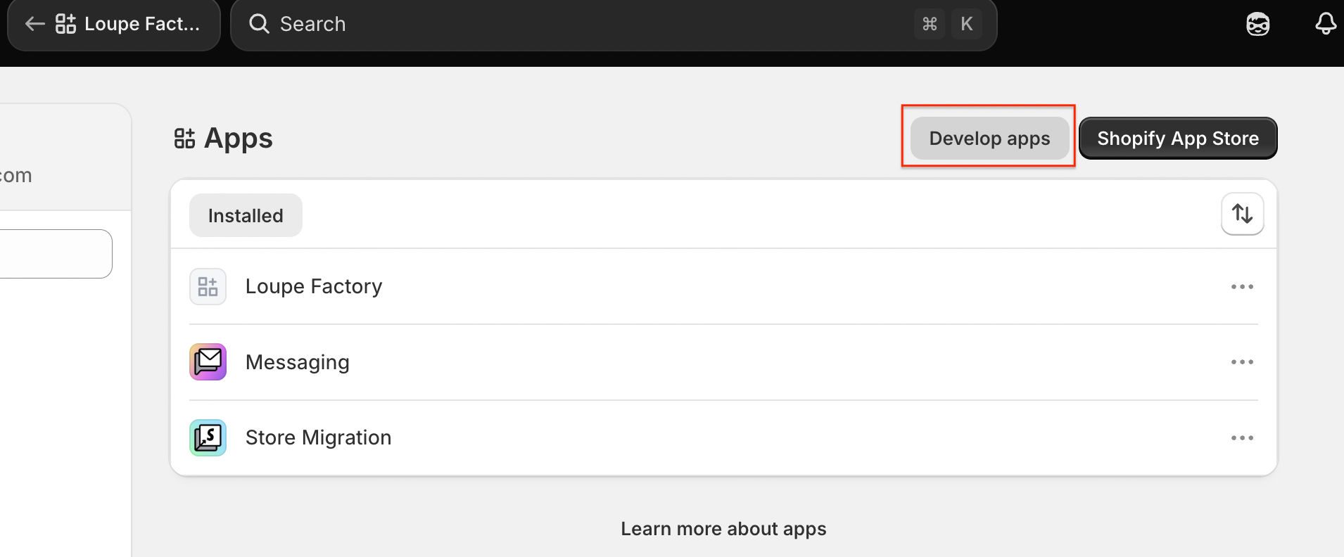 Shopify store Apps settings with the Develop apps button highlighted.