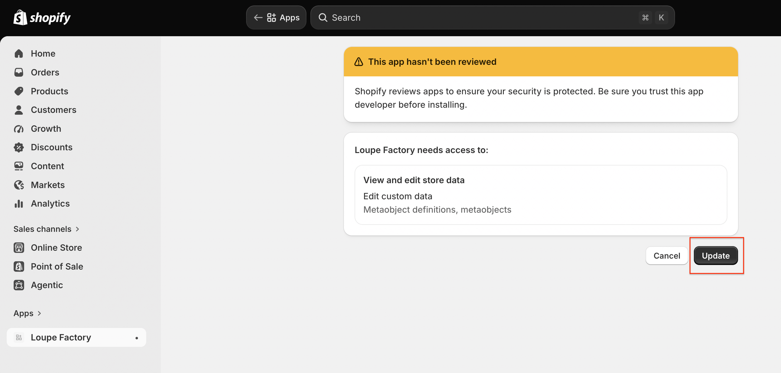 Shopify permissions screen for Loupe Factory with the Update button highlighted.