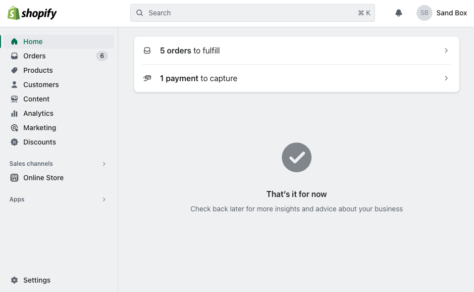 Shopify admin home screen showing the Apps entry in the left navigation.