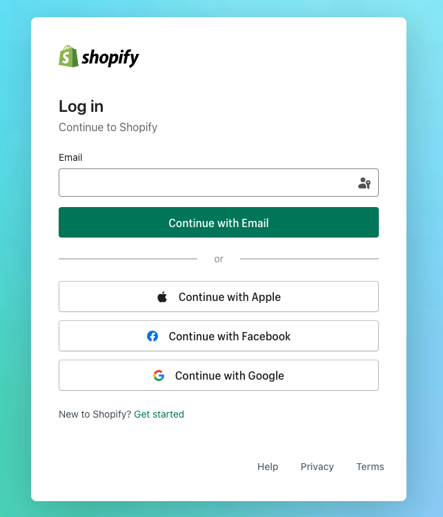 Shopify login screen for accessing the Shopify admin before creating the Loupe Factory app.